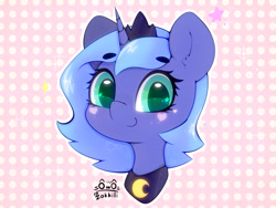 Size: 4000x3000 | Tagged: safe, artist:zokkili, derpibooru import, princess luna, alicorn, pony, g4, abstract background, bust, cute, ear fluff, ears, eyebrows, eyebrows visible through hair, female, heart, high res, horn, looking at you, lunabetes, portrait, s1 luna, signature, smiling, smiling at you, solo, sparkles, starry eyes, wingding eyes