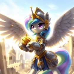 Size: 1024x1024 | Tagged: safe, ai content, derpibooru import, generator:dall-e 3, machine learning generated, princess celestia, alicorn, g4, alternate hairstyle, armor, cross, crusader, fantasy class, female, grenade, helmet, holding, holy hand grenade of antioch, knight, mare, monty python, monty python and the holy grail, paladin, plate, prompter:k.r.e.d.k.e, short hair, solo, spread wings, warrior, weapon, wings