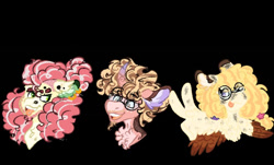 Size: 1000x605 | Tagged: safe, artist:articmadrigal, derpibooru import, li'l cheese, oc, oc:banana cream pie, oc:smart cookie, pony, the last problem, black background, bust, female, glasses, male, mare, offspring, parent:cheese sandwich, parent:pinkie pie, parents:cheesepie, peace sign, siblings, simple background, stallion, tongue, tongue out, trio, wing hands, wings