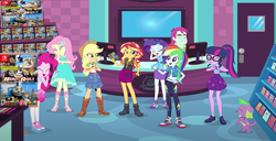 Size: 1381x709 | Tagged: safe, derpibooru import, edit, edited screencap, editor:incredibubbleirishguy, screencap, applejack, fluttershy, pinkie pie, rainbow dash, rarity, sci-twi, spike, spike the regular dog, sunset shimmer, twilight sparkle, dog, human, a fine line, better together, equestria girls, g4, ami, annie (little einsteins), dorothy gale, female, humane five, humane seven, humane six, june (little einsteins), leo (little einsteins), little einsteins, male, poster, quincy (little einsteins), shop, store, thomas and friends, thomas the tank engine, video game, yumi