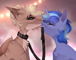 Size: 1683x1318 | Tagged: safe, artist:elektra-gertly, derpibooru import, oc, oc only, oc:amoo, oc:blue cola, pegasus, pony, unicorn, zebra, collar, couple, digital art, eyes closed, female, leash, male, mare, mouth hold, nuzzling, pet play, smiling, smug, stallion