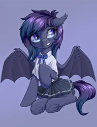 Size: 3130x4093 | Tagged: safe, artist:qwq2233, derpibooru import, oc, oc only, oc:midnight hurricane, bat pony, pony, bow, clothes, ears, eyebrows, eyebrows visible through hair, floppy ears, glasses, shirt, skirt, spread wings, underhoof, wings