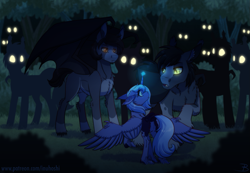 Size: 1487x1029 | Tagged: safe, artist:inuhoshi-to-darkpen, derpibooru import, princess luna, alicorn, bat pony, pony, g4, glowing, glowing eyes, glowing horn, horn, looking at each other, looking at someone, night, s1 luna