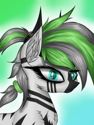 Size: 1500x2000 | Tagged: safe, artist:kirov, derpibooru import, oc, oc only, oc:vaertri, zebra, bust, digital art, gradient background, portrait, simple background, solo, two toned mane, zebra oc