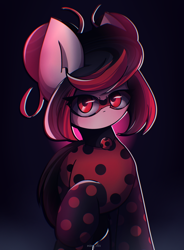 Size: 2100x2850 | Tagged: safe, artist:miryelis, derpibooru import, earth pony, pony, clothes, costume, crossover, dark background, dots, female, ladybug (miraculous ladybug), mare, miraculous ladybug, ponified, red eyes, short hair, solo, species swap, standing