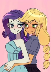 Size: 2894x4093 | Tagged: safe, artist:haibaratomoe, derpibooru import, applejack, rarity, equestria girls, g4, blushing, clothes, cute, dress, duo, eyeshadow, female, freckles, holding hands, hug, jackabetes, lesbian, looking at each other, looking at someone, makeup, pink background, raribetes, rarijack, shipping, shirt, simple background, skirt