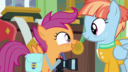 Size: 1280x720 | Tagged: safe, derpibooru import, screencap, scootaloo, windy whistles, pegasus, pony, g4, parental glideance, bag, camera, cute, cutealoo, female, filly, foal, freckles, looking at each other, looking at someone, mare, open mouth, open smile, saddle bag, smiling, smiling at each other, windybetes