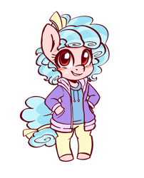 Size: 1391x1720 | Tagged: source needed, safe, artist:northglow, derpibooru import, cozy glow, pegasus, semi-anthro, g4, arm hooves, blushing, clothes, cozybetes, curls, cute, female, filly, foal, freckles, hands in pockets, jacket, looking at you, open clothes, open jacket, pants, simple background, smiling, smiling at you, tail, white background