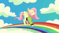 Size: 1000x563 | Tagged: safe, artist:astroeden, derpibooru import, fluttershy, pegasus, pony, g4, animated, antonymph, cloud, eyes closed, female, fluttgirshy, frame by frame, gif, gir, mare, pink fluffy unicorns dancing on rainbows, prancing, rainbow, signature, smiling, solo, sparkles, spread wings, vylet pony, wings