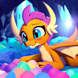 Size: 3072x3072 | Tagged: safe, ai content, derpibooru import, generator:purplesmart.ai, generator:stable diffusion, machine learning generated, smolder, dragon, g4, cave, diamond, dragoness, female, gem, lying down, prompter:rupert, prone, smiling
