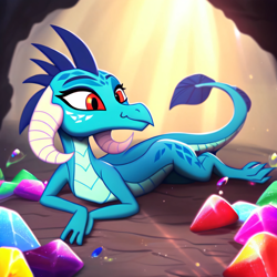 Size: 3072x3072 | Tagged: safe, ai content, derpibooru import, generator:purplesmart.ai, generator:stable diffusion, machine learning generated, princess ember, dragon, g4, cave, cute, diamond, dragoness, emberbetes, female, gem, lying down, prompter:rupert, prone, smiling