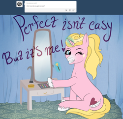 Size: 1280x1240 | Tagged: safe, artist:jillspencil, derpibooru import, oc, oc:questrapolia, pony, unicorn, ask-questrapolia, cats don't dance, darla dimple, female, magic, mare, solo