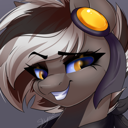 Size: 2000x2000 | Tagged: safe, artist:skyboundsiren, derpibooru import, oc, oc only, oc:zephyr corax, pegasus, bandana, eyebrows, female, hairpin, raised eyebrow, ribbon, short hair, signature, smiling, smirk