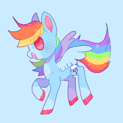 Size: 1000x1000 | Tagged: safe, artist:peskypawz, derpibooru import, rainbow dash, pegasus, pony, g4, blue background, coat markings, colored hooves, simple background, socks (coat marking), solo