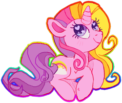 Size: 666x562 | Tagged: safe, artist:peskypawz, derpibooru import, rainbow flash, pony, unicorn, g3, g4, g3 to g4, generation leap, lying down, prone, simple background, solo, transparent background