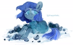 Size: 2123x1327 | Tagged: safe, artist:astroeden, derpibooru import, maud pie, earth pony, pony, g4, clothes, female, frown, lying down, mare, on side, prone, rock, simple background, solo, starry eyes, white background, windswept mane, wingding eyes