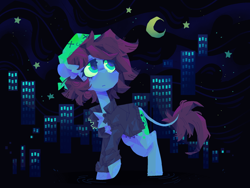 Size: 2500x1875 | Tagged: safe, artist:astroeden, derpibooru import, oc, oc only, oc:neko, earth pony, pony, abstract background, clothes, commission, frown, hat, high res, jacket, leather, leather jacket, leonine tail, looking up, night, solo, tail