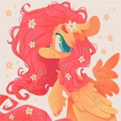 Size: 3002x3002 | Tagged: safe, artist:astroeden, derpibooru import, fluttershy, pegasus, pony, g4, commission, female, flower, flower in hair, flower in tail, hair over one eye, high res, mare, one wing out, raised hoof, raised leg, simple background, sitting, solo, tail, unshorn fetlocks, wings