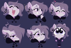 Size: 2437x1648 | Tagged: safe, artist:astroeden, derpibooru import, oc, oc only, oc:vylet, pegasus, pony, ^^, adorable face, blushing, clothes, commission, cute, disgusted, ear piercing, earring, expressions, eyes closed, fangs, glasses, gritted teeth, hoodie, jewelry, laughing, piercing, simple background, snickering, solo, teeth, unamused