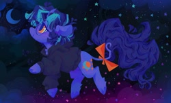 Size: 2155x1290 | Tagged: safe, artist:astroeden, derpibooru import, oc, oc only, pony, unicorn, bow, clothes, commission, floating, glasses, hoodie, leonine tail, moon, solo, stars, tail, tail bow, unshorn fetlocks