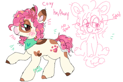 Size: 661x441 | Tagged: safe, artist:peskypawz, derpibooru import, oc, oc only, oc:cozy, earth pony, pony, body markings, brown eyes, closed mouth, colored hooves, earth pony oc, facial markings, lidded eyes, looking at you, mismatched hooves, neckerchief, notes, ponysona, pronouns, scruff, simple background, sitting, smiling, text, walking, white background