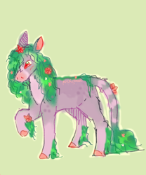 Size: 1000x1200 | Tagged: safe, artist:peskypawz, derpibooru import, oc, oc only, oc:ivy, kelpie, pony, coat markings, facial markings, flower, flower in hair, green background, leonine tail, mealy mouth (coat marking), not seashell, pale belly, pink eyes, simple background, socks (coat marking), solo, striped tail, tail