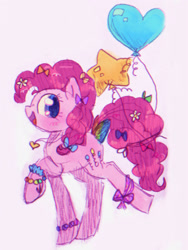 Size: 1536x2048 | Tagged: safe, artist:peskypawz, derpibooru import, pinkie pie, earth pony, pony, g4, balloon, pink background, simple background, solo