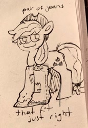 Size: 1413x2048 | Tagged: safe, artist:peskypawz, derpibooru import, applejack, earth pony, pony, g4, clothes, denim, jeans, pants, solo, traditional art