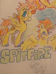 Size: 1536x2048 | Tagged: safe, artist:peskypawz, derpibooru import, spitfire, pegasus, pony, g4, blue eyes, smiling, smirk, traditional art, wrong eye color