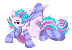 Size: 5000x3500 | Tagged: source needed, safe, artist:haruk, derpibooru import, oc, oc only, oc:sweetie swirl, clothes, femboy, lying down, male, multicolored hair, simple background, socks, solo, striped socks, white background