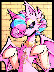 Size: 1725x2300 | Tagged: source needed, safe, artist:sne4ka, derpibooru import, oc, oc only, oc:sweetie swirl, bat pony, bat pony oc, brick wall, chest fluff, ear piercing, eyeshadow, gold, jewelry, looking at you, makeup, multicolored hair, piercing, solo, sparkles