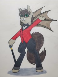 Size: 3024x4032 | Tagged: safe, artist:rustlerustle, derpibooru import, oc, oc only, oc:cornerstone, bat pony, pony, bat pony oc, bipedal, cane, clothes, male, smiling, solo, spread wings, suit, traditional art, wings