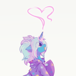 Size: 2000x2000 | Tagged: safe, artist:mirtash, derpibooru import, trixie, pony, unicorn, g4, alternate hairstyle, babysitter trixie, clothes, eye clipping through hair, female, glowing, glowing horn, heart, high res, hoodie, horn, magic, magic aura, mare, open mouth, open smile, profile, side view, simple background, smiling, solo, white background