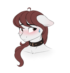 Size: 1684x1765 | Tagged: safe, artist:vetta, derpibooru import, oc, oc only, anthro, earth pony, anthro oc, blushing, bust, collar, ears, floppy ears, male, portrait, simple background, solo, stallion, sweat, sweatdrop, white background