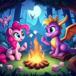 Size: 1024x1024 | Tagged: safe, ai content, derpibooru import, machine learning generated, pinkie pie, dragon, earth pony, pony, g4, anatomically incorrect, campfire, female, food, male, marshmallow, moon, night, prompter:pinkiepiepics, roasting, spyro the dragon, spyro the dragon (series), suddenly hands, tree, wrong eye color