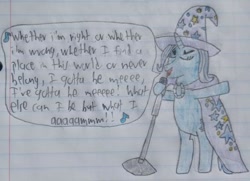 Size: 646x468 | Tagged: safe, artist:mr.myoozik, derpibooru exclusive, derpibooru import, trixie, unicorn, g4, bipedal, cape, clothes, eyelashes, eyes closed, female, hat, horn, i've gotta be me, lyrics, mare, microphone, sammy davis jr., singing, solo, song reference, speech bubble, text, traditional art, trixie day, trixie's cape, trixie's hat