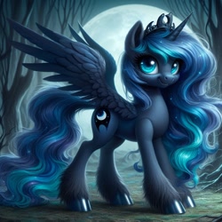 Size: 1024x1024 | Tagged: safe, ai content, machine learning generated, princess luna, alicorn, pony, bing, female, hoof polish, looking at you, mare, missing accessory, moon, outdoors, smiling, smiling at you, solo, tree, unshorn fetlocks