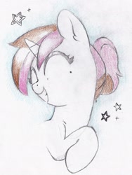 Size: 1444x1924 | Tagged: safe, artist:foxtrot3, derpibooru import, oc, oc only, oc:vetta, pony, unicorn, aura, smiling, stars