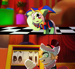 Size: 1750x1615 | Tagged: safe, artist:skyeypony, derpibooru import, oc, earth pony, pony, unicorn, caine (tadc), crossover, hat, horn, jester, jester hat, jester outfit, open mouth, parody, pomni, ponified, pun, ringmaster, scene parody, species swap, teeth, the amazing digital circus, tongue, tongue out, unicorn oc