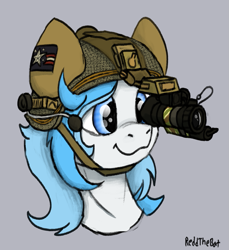 Size: 1133x1235 | Tagged: safe, artist:reddthebat, derpibooru import, oc, oc only, pony, clothes, female, gray background, helmet, mare, military uniform, night vision goggles, signature, simple background, smiling, solo, sternocleidomastoid, uniform