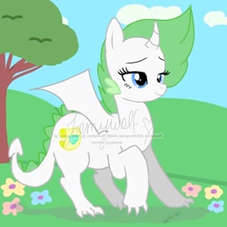 Size: 768x768 | Tagged: safe, artist:jomywolf, derpibooru import, oc, oc only, oc:gemlist, dracony, hybrid, flower, hill, interspecies offspring, lidded eyes, offspring, parent:rarity, parent:spike, parents:sparity, raised hoof, raised leg, smiling, solo, tree, water