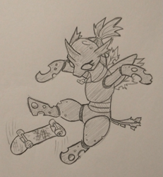 Size: 777x841 | Tagged: safe, artist:jargon scott, derpibooru import, oc, oc only, oc:whore bug, changeling, bipedal, changeling oc, female, grayscale, kickflip, monochrome, pencil drawing, skateboard, solo, traditional art