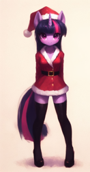 Size: 1084x2048 | Tagged: safe, ai content, derpibooru import, generator:bing image creator, machine learning generated, twilight sparkle, anthro, unicorn, g4, christmas, clothes, costume, hat, holiday, santa costume, santa hat, solo, stockings, thigh highs