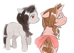 Size: 1280x914 | Tagged: safe, artist:chapaghettii, artist:charlattes, derpibooru import, earth pony, pony, unicorn, aerith gainsborough, bow, braid, braided tail, duo, female, final fantasy, final fantasy vii, mare, no pupils, ponified, simple background, sketch, species swap, tail, tail bow, tifa lockhart, white background