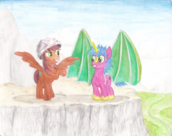 Size: 1280x1012 | Tagged: safe, artist:malte279, derpibooru import, oc, oc only, oc:leafhelm, oc:multi purpose, pegasus, pony, unicorn, duo, duo male, flying contraption, grin, helmet, horn, looking at each other, looking at someone, male, pegasus oc, raised hoof, raised leg, smiling, smiling at each other, spread wings, stallion, traditional art, unicorn oc, watercolor painting, wings