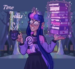 Size: 1440x1331 | Tagged: safe, artist:irisikiki, derpibooru import, twilight sparkle, human, g4, book, clothes, elf ears, eyes closed, glasses, grin, horn, horned humanization, humanized, moderate dark skin, mug, smiling, solo, sweater, that pony sure does love books, twilight's castle