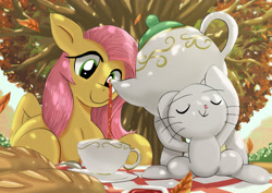 Size: 3508x2480 | Tagged: safe, artist:neoshrek, derpibooru import, angel bunny, fluttershy, pegasus, pony, rabbit, g4, animal, cup, female, male, mare, picnic, teacup, teapot