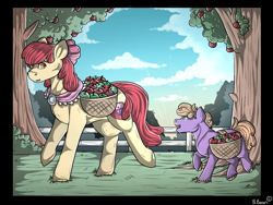 Size: 1280x960 | Tagged: safe, artist:binibean, derpibooru import, apple bloom, little mac, earth pony, pony, g4, apple, apple tree, aunt and nephew, basket, clothes, colt, duo, female, foal, goldie delicious' shawl, male, mare, older, older apple bloom, shawl, sweet apple acres, tree, walking