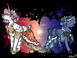 Size: 1280x960 | Tagged: safe, artist:binibean, derpibooru import, princess celestia, princess luna, alicorn, pony, g4, cloak, clothes, duo, female, mare, moon, pink-mane celestia, royal sisters, s1 luna, siblings, signature, sisters, sun