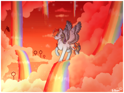 Size: 1280x960 | Tagged: safe, artist:binibean, derpibooru import, rainbow dash, pegasus, pony, g4, cloud, face paint, female, mare, on a cloud, rainbow waterfall, raised hoof, raised leg, signature, solo, spread wings, standing on a cloud, sunset, wings